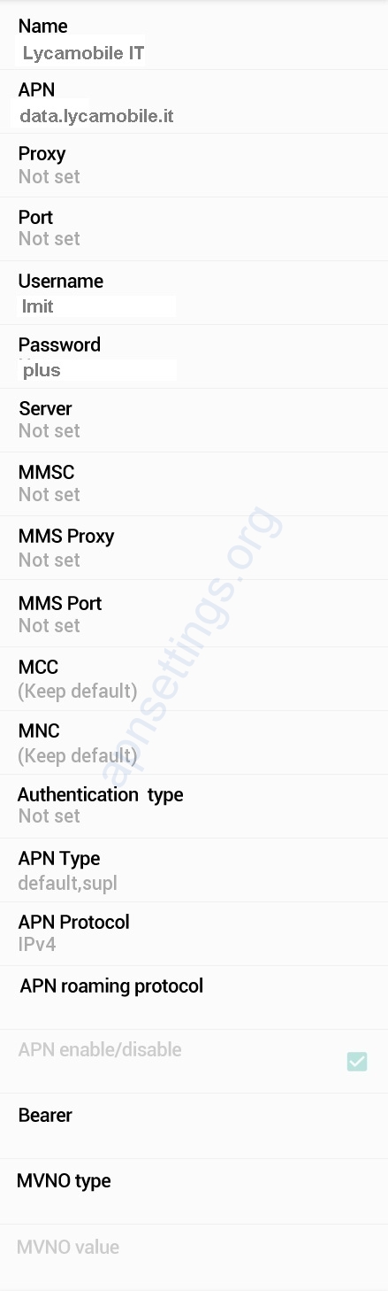 Lycamobile Italia APN Settings for Android